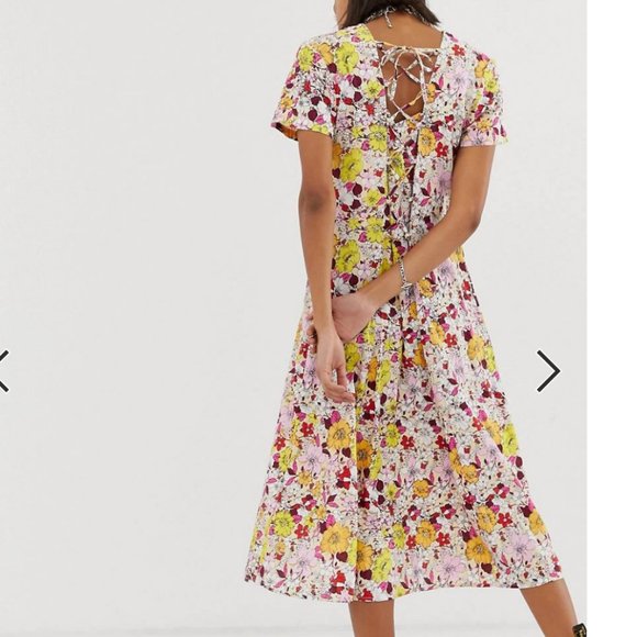 Sacred Hawk ASOS lace up back in floral midi tea dress womens M - Picture 2 of 9